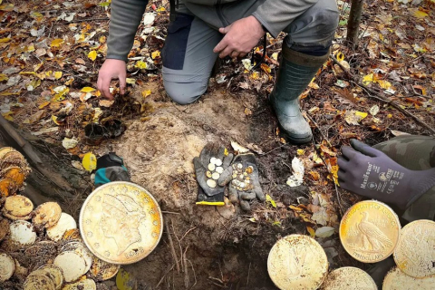Искатели, которые обследуют лес в надежде найти военные реликвии, наткнулись на тайник с золотыми монетами времен Второй мировой войны в Польше