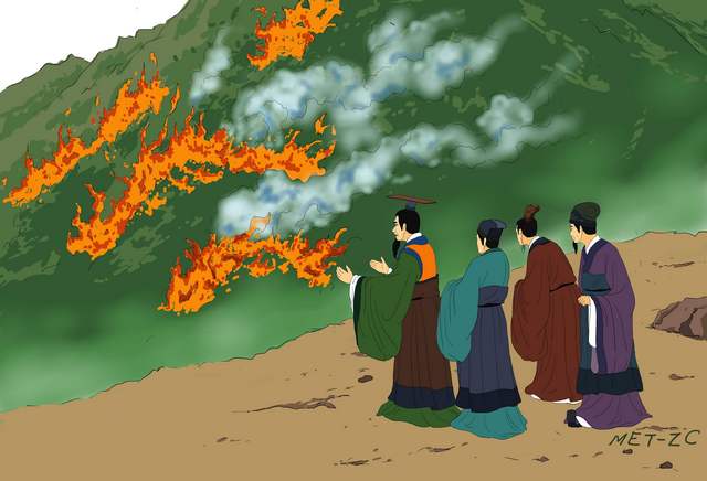 Цар послухався поради і підпалив гору, аби змусити Цзє вийти. Пожежа вирувала протягом трьох днів, та, як і раніше, не було й сліду Цзє.