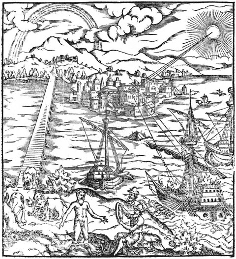 Гравюра, изображающая, как с помощью параболических зеркал — разработки Архимеда — подожгли римские корабли у Сиракуз