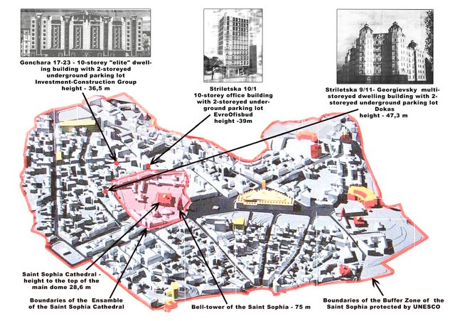 Карта забудови буферної зони Софії Київської, яку надала в ЮНЕСКО Ірина Нікофорова, активістка, яка виступає проти будівництва на Гончара, 17-23. На карті показано три неправомірні будівництва - на Гончара 17-23, на Стрілецькій 9/11 і Стрілецькій, 10/1. Ілюстрацію передала Великій Епосі Ірина Никифорова