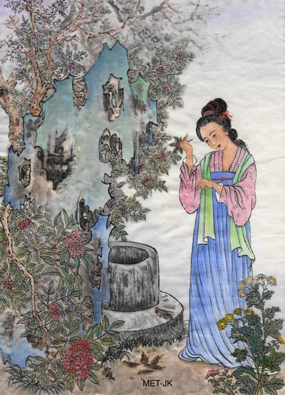 Женщина собирает кизил к Празднику двойной девятки. Иллюстрация: Джейн Ку/Велика Епоха