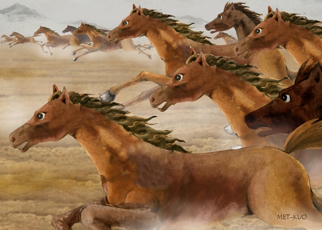Тысячи лошадей, несущихся галопом вперёд. Иллюстрация: Хуа Ко, Велика Епоха