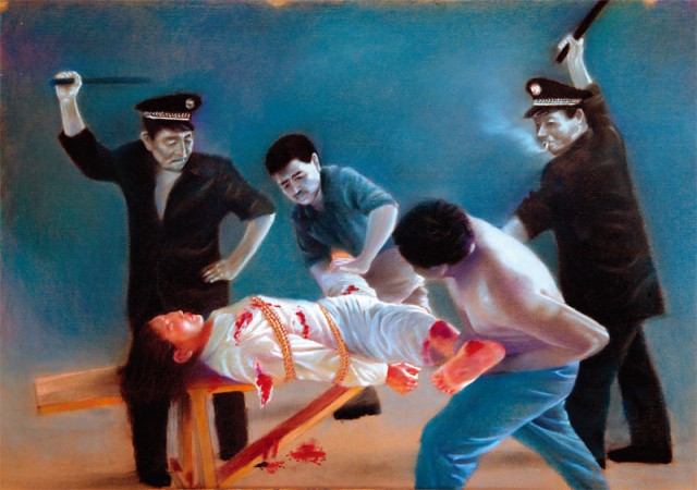 Пытки, которые применяет к практикующему Фалуньгун полиция китайского режима (художественное изображение). Иллюстрация: Minghui.org