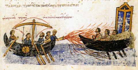 Использование греческого огня римлянами против кораблей Фомы Славянина, миниатюра Иоанна Скилицы, Х&mdash;ХI век